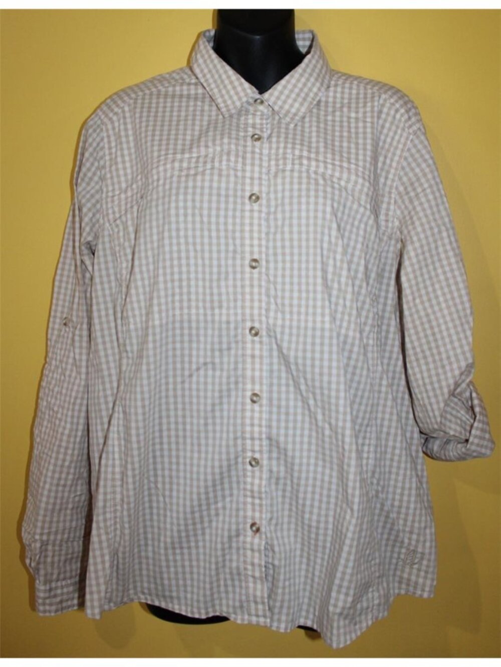 Orvis XL Tan White Plaid Active Outdoor Button Front Blouse 3/4 to Long Slvs